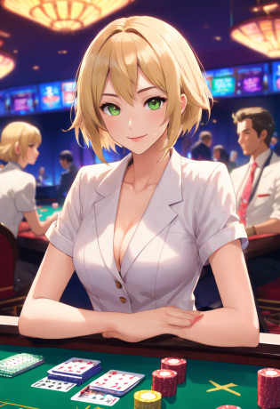 (best quality,4k,8k,highres,masterpiece:1.2),ultra-detailed,(realistic,photorealistic,photo-realistic:1.37),portrait,dealer,smiling,beautiful detailed eyes,beautiful detailed lips,casino,miniskirt,cards,poker cards,dealer uniform,professional lighting,attractive,confident,blackjack table,playing cards,red lipstick,poker chips,glamorous,engaging,captivating,high roller,deck of cards,sleight of hand,casino floor,ace of spades,blonde hair,winner,exquisite details,card shuffler,card holder,stacks of chips,exciting atmosphere,green felt table,casino manager,intense focus,lively ambiance,nighttime,casino background