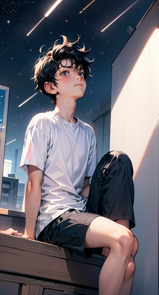 tmasterpiece?A high resolution?ultra�-�detailed?offcial art?Unity8k wallpapers?ultra�-�detailed?The boy sits by the window?18yr old?with short black hair?Short sleeves in white?blue short pants?Looking Up The Sky?starrysky