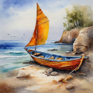 painting on canvas, spatulated technique fishing boat, Stranded, wooden boat, worn and worn, colorful sails, abstract art in paint texture applied on spatula Nets, fishing equipment, Seagulls, Sandy beach, Calm Sea, distant island, rocky coast, Waves, sunny day, clear sky, Reflections, Shells, lighthouse, Seabirds, tranquility, coastal scenery, peaceful, relaxing atmosphere.

 INFO