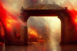 painting of a gate surrounded by red smoke| red smoke| a detailed matte painting by Thomas Moran| destroyed buildings| intricate detail| fantasy art| matte drawing| volumetric fog