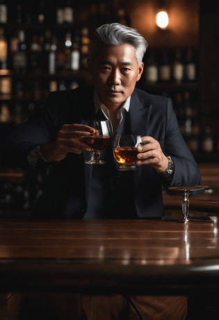 Gray-haired dandy man?Black and gray hair mesh?Man in his 40s???picture quality?An ultra-high picture quality?Real like a real human?wears a suit?Order whiskey from the shot bar?Dim shop?Stylish interior?Counter Table?A shop full of whiskey bottles