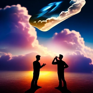 hyper realistic 4k photo showing two young men playing guitar and piano on a cloud floating over space at sunset and surrounded by computers
