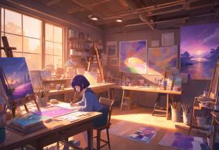 n an art studio,one artist is working in the back, her back is shown. Large art supplies are scattered around the room, creating a sense of creativity and messiness. The scene is immersed in a dark purple ambiance, which adds a mysterious and artistic atmosphere. The art supplies are vividly colored and have a variety of textures, including paintbrushes, paint tubes, canvases, and palettes. There are also unfinished artworks on easels, showing the artist's ongoing projects. The lighting is dim, illuminating only the artist's workspace, creating a focused and intimate environment. The overall image quality is of the best quality, with every detail and texture rendered in high resolution. The style of the artwork leans towards realism, capturing the intricacies of the art supplies and highlighting the artist's dedication and passion. The color palette is dominated by shades of purple, creating a dramatic and moody tone. The prompt focuses on capturing the artist's process and the atmosphere of the art studio, while emphasizing the importance of the art supplies and the artist's dedication.