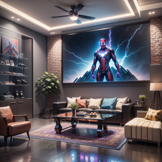 Welcome to your amazing podcast studio. With an enveloping atmosphere, blue and lilac neon lights illuminate the space, with a black brick wall in the background. On the shelf, action figures and pop culture posters create a nostalgic atmosphere. Standing out, a line of lightning-shaped LEDs shines on the wall, with the realistic inscription 