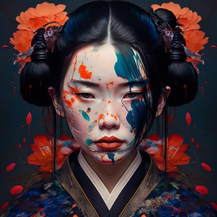 portrat, Japanese black-haired geisha with depressive expression, dripping art, colorful, super detailed, elegant, hypermaximalist, insanely detailed, Super-Resolution, Megapixel, epic, hyper realistic