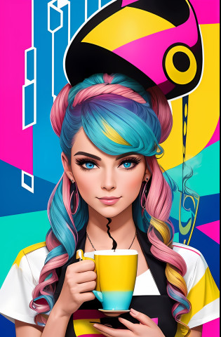 (A BEAUTIFUL HAPPY GERMAN WOMAN WITH A NICE CUP OF COFFEE COMING OUT SMOKE IN HER HAND, Beautiful cup ,Coloridas ,pink and blue and yellow WRITTEN WE COOFFE IN THE CUP ),  Eduardo Kobra ,Romero Brito,The Filling Twins ,multidimensional geometric wall PORTRAIT, arte, Chibi,
Yang08k, lindo, Colouring,
Primary works, qualidade superior, melhor qualidade, Arte Oficial, Beautiful and Aesthetic, 128 mil