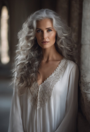 belle jeune femme avec des yeux gris, long curly grey hair and a white tunic