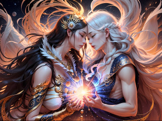 An evocative image depicting the separation of the male and female spirits, giving rise to the ancestral beings of the entire world. The male spirit, Izanagi-no-Mikoto, and the female spirit, Izanami-no-Mikoto, divide into two distinct entities, each carrying their unique essence. This pivotal event signifies the emergence of the ethereal realm of the dead, known as Yomi, and the manifestation of the earthly realm inhabited by humans, called Utsushiyo.

From the realm of Yomi, the world of the deceased, the sun deity Amaterasu-Omikami, and the moon deity Tsukuyomi, emerge after purifying their eyes. Their radiant presence illuminates the cosmos and brings light and harmony to the world. Simultaneously, the sea's ebb and flow cleanse the heavenly deities, known as Amatsukami, and the land deities, known as Kunitsukami, who appear in all their divine splendor.

The image captures the profound significance of this mythological moment. The male and female spirits, their forms intertwined yet distinct, are portrayed in a dynamic and powerful composition. The celestial backdrop reflects the celestial forces at play, with celestial bodies and cosmic energies intertwining. The colors used are rich and symbolic, representing the celestial and earthly realms, such as golden hues for the sun and silvery tones for the moon. The aspect ratio is 1:1.

This image encapsulates the mythical origins of the world and the divine beings that shaped its existence, evoking a sense of wonder and reverence for the cosmic forces that govern our existence.``` --auto --s2