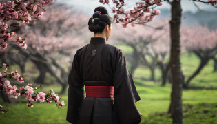 Danfeng Eyes?bushido?The upper part of the body?Black coiled hair?Simple hairpins?Cold eyes?solo person?orthofacial?frontage?Peach blossom background?Highly saturated colors?Hyper Real?8K high-definition?holding a longsword?Absolutely beautiful?high light?plethora of colors