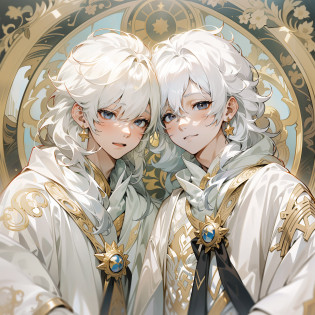 two boys, (((twins))), ((identical twins)), (((male))), (slim body), (((flat chest))), (((white colored skin))), ((porcelain skin)), ((marble skin)), (((white-skinned))), (((white skin))), ((very pale skin)), (((black colored eyes))), (((black eyes))), (((white colored hair))), (((white hair))), ((long hair)), (((poofy hair))), (fluffy hair), ((wavy hair)), (((fantasy style))), (wearing long fantasy robes), (flowy robes), (long robe), ((wearing similar clothes)), (matching robes), (gold colored lace), (christian inspired), ((fantasy patterns on clothes)), ((magical patterns)), warm light, inside a fantasy temple, ((both boys have identical hair)), ((both boys have identical faces)), (the two boys look extremely similar), (male faces), covered up, stars decoration, sun moon decoration, (((both boys have white colored skin like marble))), ((both boys are white-skinned)), (they both have cute faces)