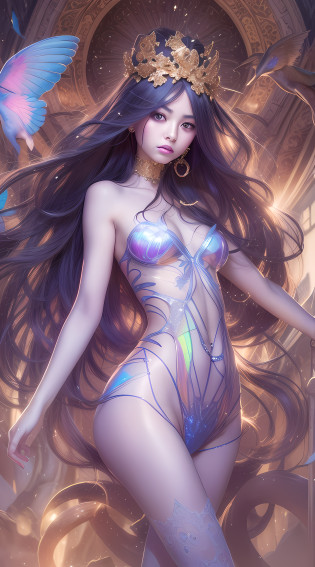 a cute nude sexy korean large-eyed girl, without clothes, nsfw, slender and small face, very glossy nude skin, looking at viewer, dark moody quality, Fantasy art, digital art, delicate lines and textures, realistic and rich work, magical creatures, fantastic landscapes, work of imaginative motif, purple Long hair and Blue eyes and Little Crown, pointy ears, dark skin happy, solo, full body, standing on mini base, white border, floating, surround ofrose and lily and Hydrangea and gold coin and silver coin, mochi, maximalism, pastel color, sparkle, surrealism, cinematic, vivid, vivid colors, light and shadow, three-dimensional lighting, volumetric lighting, Film light, dynamic lighting, good anatomy, same makeup for both eyes, eyes are bilateral symmetry, Perfect body proportions, Broken Glass effect, no background, stunning, something that even doesn't exist, mythical being, energy, molecular, textures, iridescent and luminescent scales, breathtaking beauty, pure perfection, divine presence, unforgettable, impressive, breathtaking beauty, Volumetric light, auras, rays, vivid colors reflects