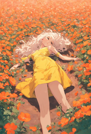 Alafi woman lying in a flower bed in a flower field, The album cover was inspired by Ren Hang, Flickr, magic realism, girl in a bed of flowers, woman in flowers, covered with flowers, girl floating in a flower field, Girl in flowers, Flower beds on the floor, covered in flowers, Wrapped in flowers, With flowers, Flowers around