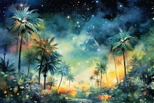 A night painting of an abstract ethereal semi - transparent irridecent tropical paradise at night in the style of Jane Crowther, rainbow lighting impressive skies