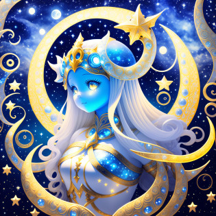cephalopod, (cephalopod), Goddess of the hunt and the moon, luminescent blue tentacles, short golden hair, tiara made of stars and crescent moon, white silver and blue dress armor, silver cross bow held in a tentacle, nighttime with the moon bright overhead, masterpiece, Best Quality