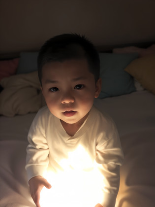 Alavid baby sitting on bed?Holding a light in his hand, face bright, holding up a night lamp, nightlight, Brightly lit!, it is glowing, Night light, Low-key, holding a lantern, he has a glow coming from him, Bright glowing eyes like LEDs, soft warm light, Brightly lit, with glowing eyes, Yan