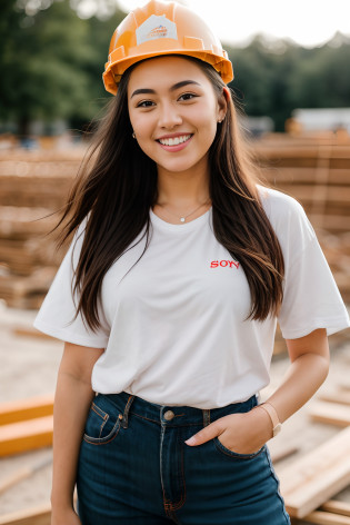 instagram photo, full body closeup face photo of 18 y.o woman embracing her role as a construction worker, beautiful face, makeup, her warm smile contrasting with her rugged attire, portraying strength as a construction worker, Sony A6400 with 16-50mm f/3.5-5.6 lens, balanced outdoor light, lifestyle photography. bokeh, motion blur