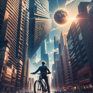 Imagine a scene of surrealistic urban beauty, where the laws of gravity are defied. A cheerful man, full of life and energy, is flying on his bicycle, both him and his vehicle turned upside down, as if the sky has become their ground. The backdrop is a cityscape of towering buildings, also inverted, reaching towards the sky like giant stalactites. The sun is in full force, its rays casting a bright, almost ethereal glow on the buildings. The man and his bicycle are heading towards this radiant sun, creating a silhouette against the light. The image should be rendered in a hyper-realistic style, with high-resolution 16k details. The lighting should emphasize the strong sun and the bright illumination it casts on the buildings. The composition should be in a 16:9 aspect ratio, with a focus on the man and his bicycle in the foreground, and the surreal cityscape in the background. --ar 16:9 --v 5.1 --style raw --q 2 --s 750 --auto --s2