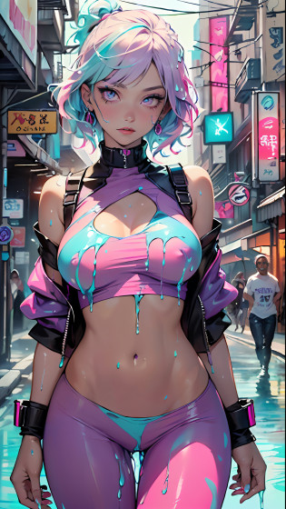 cute cartoon girl,(((1girl))),((extremely cute and beautiful liquid paint hair haired anime girl walking down the street)),

(large breasts:1.4),saggy breasts,short hair,(((liquid paint hair:1.1,neon purple hair|neon pink hair|neon blue hair|neon aqua hair|purple hair|fuchsia hair|fluorescent blue hair|amethyst hair|neon hair|bright pink hair :1.5,bright hair: 1.3,hair made of paint and defies gravity,thick flowing,paint splatter:1.3,shiny hair: 1.3,vibrant colored hair))),((heterochromia,eye1 purple,eye2 pink,upturned eyes:1.3,perfect eyes,beautiful detailed eyes,rainbow glows ultra-detailed deep pink purple eyes:1.1,gradient eyes:1,finely detailed beautiful eyes:1,symmetrical eyes:1,big highlight on eyes:1.2)),((fat)),(((lustrous skin:1.5,bright skin: 1.5,skin tanned,shiny skin,very shiny skin,shiny body,plastic glitter skin,exaggerated shiny skin))),(spider lower abdomen,narrow waist,wide hip,athletic body,inflated legs,delicate detailed fingers,detailed body,detailed arms,human hands,detailed hands),

cute,slutty,seductive,erotic,(((nsfw))),

(((liquid paint clothing,clothes made of liquid paint,purple clothes|pink clothes|blue clothes|aqua clothes|purple clothes|fuchsia clothes|amethyst clothes|neon clothes|bright pink clothes :1.5))),revealing clothing,with micro clothes,(detailed outfit,detailed clothes),show skin,revealing clothing,tiny thong,

(dynamic pose:1.0),solo focus,embarrassed,centered,scale to fit dimensions,Rule of thirds,

outdoors,((night view)),(cyberpunk night street Background: 1.5,dark sky,alleyway,lonely alley,thick clouds,detailed background:1.25),

(best quality),(high resolution),(sharp focus),(ultra detailed),(extremely detailed),(extremely high quality artwork),8k_wallpaper,(extremely detailed CG 8k),(very fine 8K CG),((hyper super ultra detailed perfect piece)),flawless,(((masterpiece))),illustration,vibrant colors,(intricate),High contrast,Selective lighting,Double exposure,HDR (High Dynamic Range),Post-processing,Background blur,