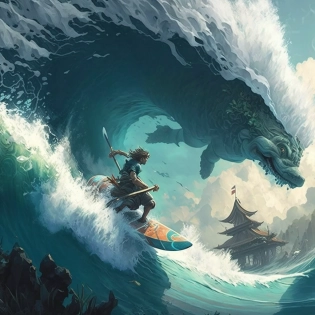 a man surfing a wave in Bali, by Miyazaki, Nausicaa Ghibli, Breath of The Wild --s 750 --q 2
