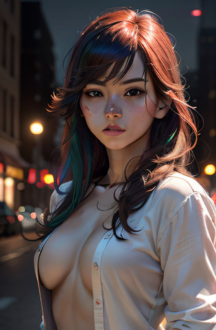 multicolored hair, Chiaroscuro, Depth of field, Cinematic lighting, Sony FE GM, hyper HD, retinas, Masterpiece, Anatomically correct, Textured skin, Super detail, High detail, High quality, High quality, Award-winning, Best quality, high resolution, (Realistic:1.7),((Best quality)),absurderes,(?????),(Photorealistic:1.6),Photorealistic,rendering by octane,(Hyperrealistic:1.2), (photo-realistic face:1.2), (8K), (4K), (Masterpiece),(Realistic skin texture)? A pretty girl, , Standing on the street, during night, Office wear, White shirt , black micro skirt, Open shirt show   ,Heels, multicolored long hair, Chiaroscuro, Depth of field, Cinematic lighting, Sony FE GM, Ultra HD, retinas, Masterpiece, Anatomically correct, Textured skin, Ultra detail, High detail, High quality, Award-winning, Best quality , high resolution, 4K, Open shirt show , (Naked)