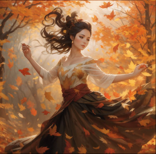 Painting leaves of a woman wearing a dress in the forest, goddess of autumn, beautiful autumn spirit, Autumn wind, autumnal empress, by Cynthia Sheppard, wind blowing leaves, inspirado em Cynthia Sheppard, rob rey, Autumn leaves fall, graphic artist magali villeneuve, author?Gao Fenghan, wind blowing leaves, the goddess of autumn harvest, A beautiful artwork illustration