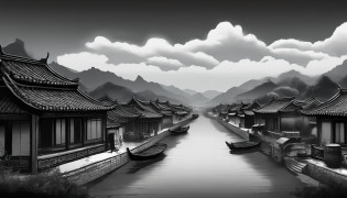 A Chinese-style village in black and white?Asian Village, Field landscape, quaint village, old village in the distance, small village, neo noir style, neo noir style, drawn in a neo - noir style?Black environment, drawn in a noir style