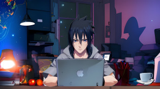 personagem de anime sentado em uma mesa com um laptop, sasuke uchiha, Estilo anime 4K, badass anime 8 k, Estilo anime moderno, Estilo anime. 8k, itatchi uchiha, Epic anime style, Steve Jobs como Hokage, Estilo anime muito moderno, Estilo anime