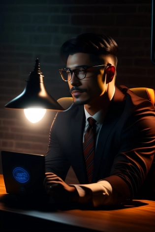 In the scene, a bespectacled streamer is sitting on a black leather chair in a dark room with dark gray brick walls. There is a single dim light that illuminates his face and the keyboard and mouse that he uses to play games. The game monitor is the only glowing object in the room, with a black metallic border surrounding it.