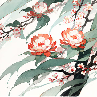 There are three flowers with leaves on the branches, Chinese watercolor style, Chinese painting style, Traditional Chinese watercolor, Chinese style painting, Traditional Chinese painting, peony flower, Traditional Chinese art, Japanese style painting, Chinese painting, inspired by Park Hua, japanese related with flowers, author?Liao Zhichun, Traditional Chinese Ink Painting, author?Julian