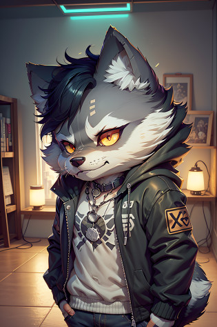 by Kenket, by totesfleisch8, (by thebigslick, by silverfox5213:0.8), (By Syuro:0.2), (by qupostuv35:1.2), (hi res), ((masutepiece)), ((Best Quality)), Illustration, Furry, Siberian Husky, Animal ears, body fur, 1girl in, Solo, Black hair, Looking at Viewer, Smile, Female, ((Wolf Girl)), young adult, Rooms and the city, (((Night, RGB lights, Warm colors, lofi))), ((Room with computer)), Screen Light, Toned body, Choker, Chill Pose, Jackets and jeans, Tomboy clothes, Femen's clothes, Loffi 8-bit, Furry anthropomorphic Siberian Husky, Furry Siberian Husky nose, ((Black fur:1.2))