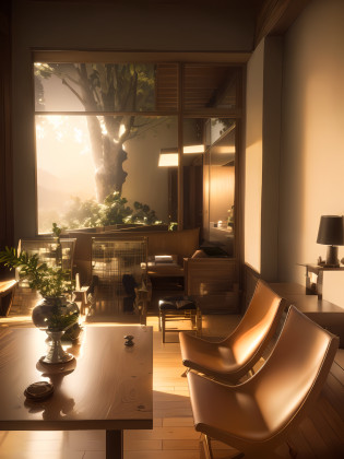 There is a wooden table with chairs and a vase on it, mid-modern century, mid-modern century, mid-modern century, Mid-century modern furniture, interior modernista, com pano de fundo de luz natural, Afternoon lighting, ambiente interno, Sala de estar, Directed by: Caro Niederer, luz natural no exterior, janelas do piso ao teto, inspirado em Fernando Gerassi, Moody vibe