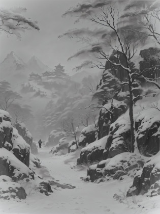 Aladid view of snowy mountains?Alone walking on the path, inspired by Ry?hei Koiso, inspired by Shen Shichong, inspired by Lu Zhi, inspired by Yeong-Hao Han, inspired by Huang Binhong, inspired by sung choi, inspired by Wen Zhengming, inspired by Kim Hong-do, korean artist