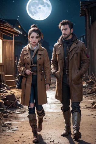 a photo of an attractive young busty postapocalyptic scavenger with a (tffthairv07phto (ponytail)), oldschool goggles, highly detailed ankle length torn ragged brown coat, worn patchwork leather armor, intricately detailed postapocalyptic ruins background, (dirty), (muddy), straps, pouches, worn leather boots, (dark, at night, moonlight:1.3)
