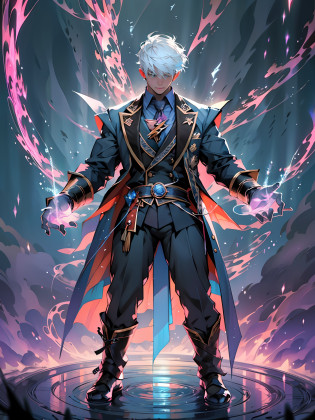 Absurd, high quality, 8k, super detail, 1 man, full body, magician, magic array, lightning magic, overhead view, detailed scene depiction, scene with story, global illumination, cinematic lighting, transparent light, large depth of field, lens depth blur, rich colors, exaggerated shape, perfect eyes, perfect facial features, under the magician's feet is a huge magic array, lightning energy gathers in the magician's hands