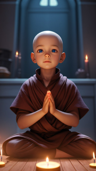 Arafeld's child sits on the ground?There is a candle in front of him, lovely digital painting, childrens art in artstation, wojtek fus, Ross Tran 8 K, Personagem pequeno. Unreal Engine 5, Rosla global lighting, 3 D rendering character art 8 K, concept art of a monk, smooth 3d cg render, he is greeting you warmly