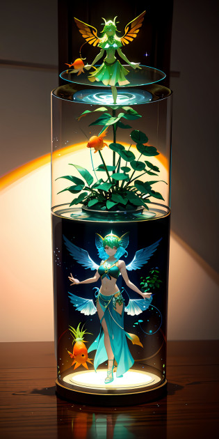 fish bowl on head, glowing goldfish, plant, plant goddess, wings, tall, 3d