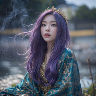 Genki Girl 32K?tmasterpiece?k hd?hyper HD?32K?Long flowing bright purple hair?Autumn Pond?zydink? a color? Asian people ?Genki girl?? ?Silk scarf?? Combat posture? looking at the ground? long whitr hair? Floating bright purple? Fire cloud pattern gold tiara? Chinese long-sleeved gold silk garment? ?Abstract metaverse splash?1.2?? white backgrounid?Lotus vitality protector?realisticlying?1.4??Bright purple hair?Smoke on the road?The background is pure? A high resolution? the detail? RAW photogr? Sharp Re? Nikon D850 Film Stock Photo by Jefferies Lee 4 Kodak Portra 400 Camera F1.6 shots, Rich colors, ultra-realistic vivid textures, Dramatic lighting, Unreal Engine Art Station Trend, cinestir 800?A girl with long flowing bright purple hair