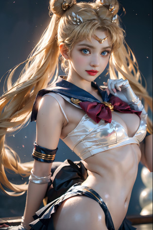 ?nsfw,masterpiece?ful:1.3?stands?8K?3D?realisitic?Ultra Micro Photography?top-quality?Wallpapers with extreme details CG Unity 8K?frombelow?intricate detailes?(1 female)?28 year old?(Sailor Moon:1.6 Super Bishoujo Senshi Sailor Moon Mer1?meishaonv,tiarra?Sailor Senshi Uniform Sailor:1.5?sailormoon:1.5,Eternal Sailor Moon)?(Incredibly long bright twin-tailed blonde:1.4?Thin and very long straight twin tail blonde, Hair buns?Red round hair ornament in a hair bun)?((Sailor Senshi Uniform?Blue collar,Blue sailor color,Blue pre-gate mini skirt:1.5?Glossy blue pleated mini skirt:1.3?very large red bow on the chest,,,,?Long white latex gloves,Red gloves on the elbows?Luxurious golden tiara on forehead??Nipple Ring,Luxurious Golden Jewelry))?Very thin and fit high gloss white holographic leather?High Gloss White Latex High Leg Swimsuit That Shines Like Oil,(Details of face:1.5?Bright blue eyes?beautiful expression?beautidful eyes?Outline of the iris, shinny eyes?thin lipss:1.5?thin and sharp pale eyebrows,?long dark eyelashes?Double eyelashes?Thin, thin and muscular,,?a small face?tall and large chest?perfectly proportions?big breasts thin waist?SEXY Model Pose?Dynamic Poses,Visible Pore?seducting smile?perfect hand:1.5?octan render?highly dramatic picture?(Lunar divinity,cosmic background?rays of moonlight?a moon?Dynamic backgrounds?exquisite lighting and shadow?dynamic ungle?????),Strong natural light?sunlights?Digital SLR?foco n�tido: 1.0?Maximum clarity and sharpness?