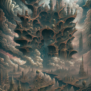 This horror art illustration features a hyper-detailed, mythical landscape viewed from a wide angle top-down perspective. The scene depicts a chaotic urban city surrounded by thorns and a polluted river leading to a morbid waterfall. The sky is filled with polluted madness, adding to the eerie and haunting atmosphere of the piece. The artwork was created through a collaboration between artists Michael Whelan, Dan Seagrave, and Marcos Miller, showcasing their combined skill in the production of surrealistic and horror elements. The intricate details throughout the artwork make it a hyper-detailed and haunting portrayal of a polluted and dystopian world.