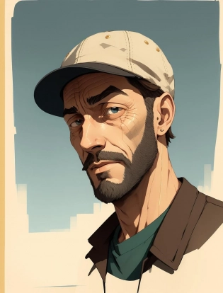 man in a cap, by atey ghailan, hard light, lline art, black eyes, (watercolor:0. 5), (borderlands:0. 7), detailed ,