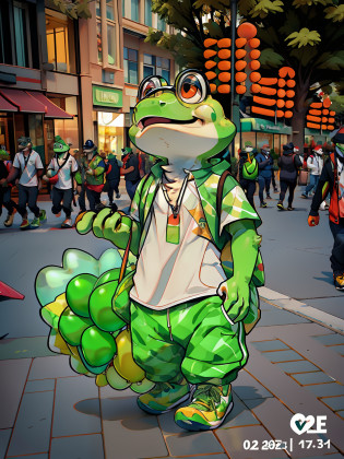 Alafi walks down the street dressed in green, There is a cute frog, Cosplayers who dress up like frogs, com mascot,  Holding a bunch of frog balloons in his hand, as an anthropomorphic turtle, High quality clothing, appearing in a shopping mall, Kermit the Frog, frog themed, Cute frog