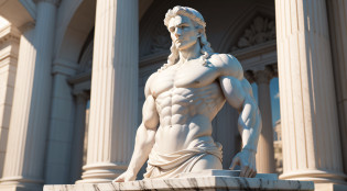 Create an imposing figure that personifies justice, inspired by the majestic marble statues. The statue represents equity and balance, projetando uma aura de autoridade e imparcialidade. A figura ergue-se a uma altura de 2,5 metros, erected on a massive marble pedestal, that adds solidity to your presence.

The white marble is masterfully carved to capture the soft, luminous texture of the stone. A figura tem uma postura ereta e nobre, the muscles sculpted with meticulous detail, suggesting strength and firmness. His facial features are classic and symmetrical, com sobrancelhas arqueadas que emolduram olhos intensos, who seem to see beyond appearances.

The figure wears a carved tunic with elegant lines that flow like a river, symbolizing the fluidity of justice. Uma faixa atravessa o peito da figura, where the word 'Justice' is inscribed in solemn characters. His left hand holds a scale., the balanced plates symbolizing the careful weighing of evidence before trial.

on his right hand, holds a straight-bladed sword, pointing to the ground. The sword personifies the strength of justice, ready to act firmly when needed. The folds of the tunic seem to ripple with an invisible breeze, imparting a sense of static movement.

The figure's face is serene and determined, with slightly curved lips in an expression that conveys confidence and determination. A laurel wreath adorns his head, symbol of victory and honor won through impartial justice.

The figure is located in an open space, surrounded by classical pillars that elevate its presence. Sunlight illuminates the statue, highlighting its details and creating deep shadows that add a three-dimensional dimension to the figure.

This imposing figure of justice, inspired by marble statues, evokes a sense of respect and reverence for fairness and impartiality.