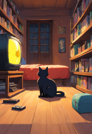 A black cat with yellow eyes on the floor watching a tube television on a bookshelf that is connected to a video game.