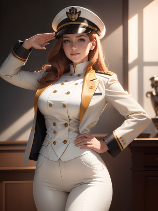 (1girl:1.4), (sfw), (clothed), (masterpiece), illustration,(realistic:1.5), (specular lighting:1.4), (hyperrealistic:1.2), (photorealistic face:1.2), (perfect face), (best quality), (8k), (4k), photorealistic, sharp focus, octane render, best quality, extremely detailed, intricate, hyper detailed, fantasy, soft lighting,(medium breasts:1.4), (skindentation:1.3), Matilda Ajan from Gundam, Matilda Agen, Matilda Ajan, looking straight at viewer, tan full uniform, tan color uniform, tight off-white pants, slim body, perfect body, standing straight up, military attention, military salute, one hand down, tan officer uniform, tan military jacket, tan buttoned up jacket, perfect hands, military officer hat, tan color hat, warm smile, kind smile, gundam in the background, auburn hair, one hand down, cropped hair, thigh gap