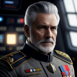 ((full body:1. 3)), ((shot photo of the most beautiful artwork in the world featuring a modern old man wearing futuristic officer uniform)) , photorealistic, intense look, anatomical photorealistic portrait of a (((old male:1. 3))) human in (dark grey dress uniform), (space navy officer), fleet admiral, star wars officer, star trek officer, warhammer40k officer, Admiral Spire, ((grey hair)), ((grey beard)), no glasses on face, (gentleman), british officer, ((Petr Pavel)), (star destroyer bridge as background, in space ship with window), reflections, High Detail, Sharp focus, space battle, art by artgerm and greg rutkowski and viktoria gavrilenko, ray tracing, neon lights, very detailed skin, very detailed eyes, global illumination, deep color, 8k resolution