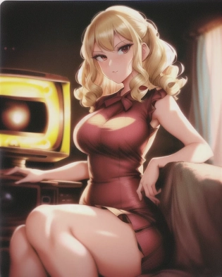 girl, vintage curls, old television, hairstyle from years ago, blonde, best girl hair, at home, vintage, sitting on couch, elegant outfit, retro, cute. anime anime faces, hyper resolution, created by Artgerm, Greg Rutowski volumetric lighting, octane engine, lomo lc-a, lomography, holga, medium format, 50mm lens f1. 8, bokeh, aesthetic