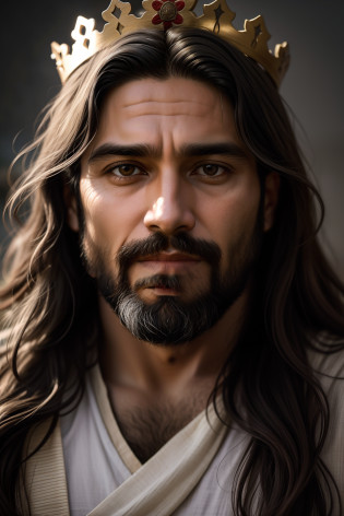 castillo, hombre viejo, rey viejo, creates a realistic portrait of Jesus, representing him as a simple and humble man. Highlight the calm and compassionate expression on your face, con ojos serenos y una sonrisa suave. Be sure to faithfully portray Jesus' characteristic facial features, como su barba y cabello largo. Add a crown of thorns on your head, enfatizando el aspecto doloroso, pero sin exagerar la violencia. colocar canas en sus cabellos, un viejo hombre. Use soft lighting to emphasize the aura of goodness and peace around you. The main focus should be on conveying the message of love and compassion that Jesus represents....... Por favor, Avoid any offensive or disrespectful depictions. The goal is to create a reverent and inspiring image that captures the essence of Jesus as a simple man and the Savior of mankind.......