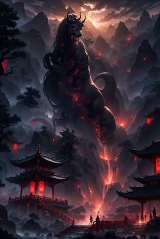 Chinese martial arts style,with vast sky,continuous mountains and steep cliffs,outline light,atmospheric atmosphere,depth of field,mist rising,bamboo,pine trees,stone pavilions,waterfalls,qilin \(mythology\),<lora:monster:0.7>,