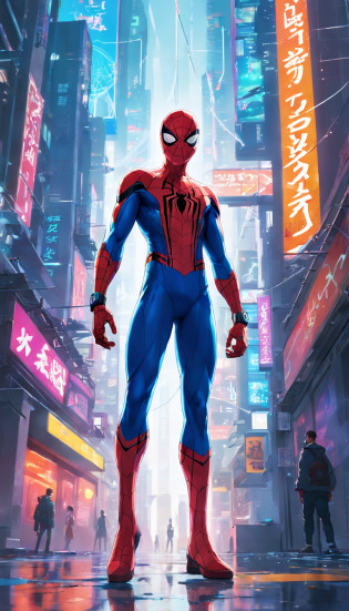 Get ready to witness the merging of the world of White Spider-Man and cyberpunk in one stunning image. In this 8K visual masterpiece, You will be transported to a futuristic and dystopian environment, Iconic Marvel heroes have a new look.

White Spider-Man appears in the imposing cityscape, Dominated by huge skyscrapers and glittering holographic advertisements. Neon reflects his cybernetic armor, The contrast between the protagonist's characteristic red and blue colors and the oppressive darkness of the environment.

Seu traje, Refurbished to suit cyberpunk style, Features metallic details and futuristic lines, Combines functional and futuristic aesthetics. Advanced fabrics, Decorated with optical circuits, When White Spider-Man prepares to face the challenges of this chaotic world?It seems to pulsate with electron energy.

The surrounding city is full of cyberpunk style features, Like a flying car, cyber implants, Drones and robots, Add a unique and technological atmosphere to your images. The contrast between the grandeur of the building and Spider-Man's presence in this dystopian landscape conveys a kind of solitary heroism and resilience in the face of adversity.

Stunning 8K quality makes every detail clear and realistic, From the intricate web cast by the white Spider-Man to every reflection and texture in the futuristic environment.

Get ready to marvel at the epic meeting point between the Spider-Man universe and cyberpunk aesthetics, In the image?Will capture your imagination and transport you to a world of action, Technology and adventure come together perfectly.