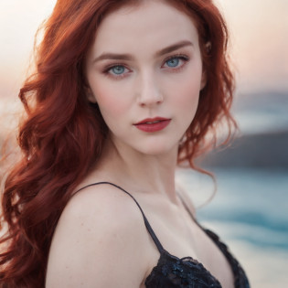 A 19 year old girl with a back long flowy wavy deep bloody red hair, white skin looks like milk or, dark night sky blue piercing eyes with strong striking  gaze, mean expression yet still look pretty and innocent without single wrinkle, a little chubby cheek, pink lips, wearing long red elegant gown with royalty look, background middle age city beach